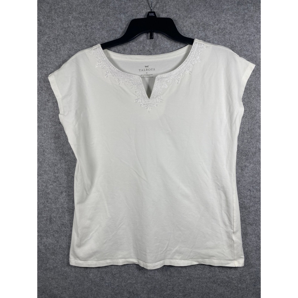 Talbots White‎ Cotton Blend Embroidered Split Neck Short Sleeve Top Womens M
